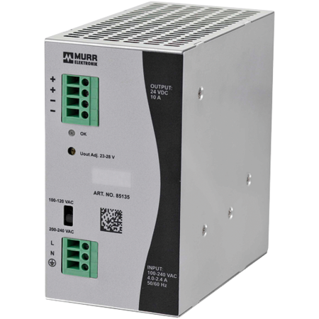 MURR ELEKTRONIK ECO-RAIL-2 POWER SUPPLY 1-PHASE, IN: 90 .. 132 VAC / 173 €¦ 264 VAC OUT: 24V/10ADC 85135